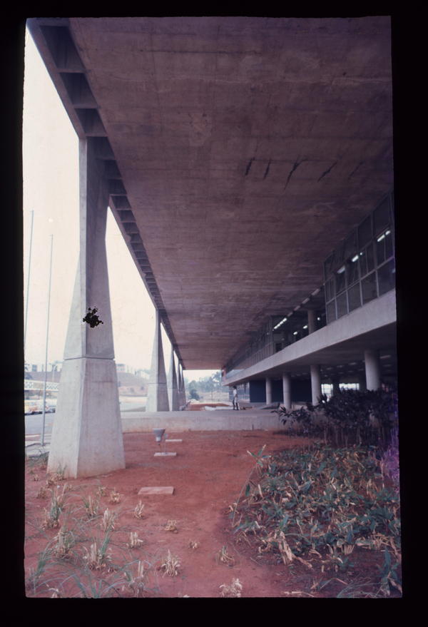 Descrição gerada por inteligência artificial: Imagem de concreto, colunas, plantas, edifício, janelas, chão, terra, passarela, arquitetura